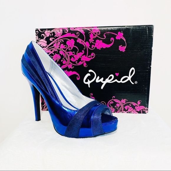 🍀 Mix & Match 4/$60 🍀 Qupid metallic Blue Peep toe pumps size 7.5 - Picture 1 of 5